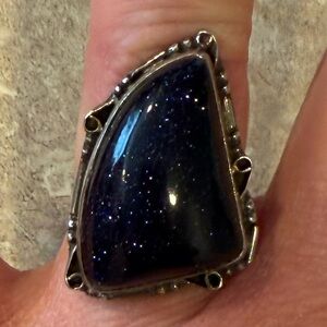 Vintage Big Blue Sunstone Solid Sterling Silver Ring Size 9 Rare
